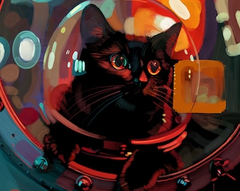 宇宙猫：水彩画の黒猫宇宙飛行士プリント - Etsy 日本