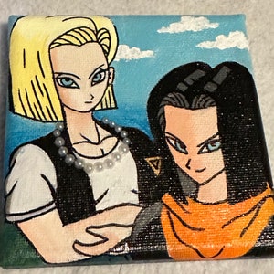 May include: A hand-painted canvas featuring two anime characters with long black and blonde hair. The characters are wearing black and white outfits with a pearl necklace and an orange scarf. The background is a blue sky with white clouds.