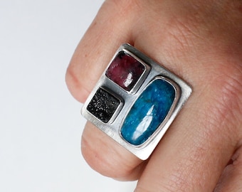 Mosaic Ring - Apatite Druzy Quartz and Ruby Silver Cocktail Ring