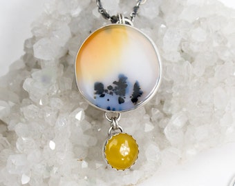 Forest Sunset Necklace - Golden Calcite and Agate Silver and Stone Necklace