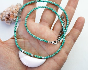 Pink Moon Necklace - Mangano Calcite on Turquoise Bead Strand