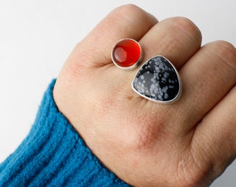 Duet Ring - Red Agate and Snowflake Obsidian Stone Ring