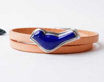 High Desert Bracelet - Leather Wrap Bracelet with Lapis Bird