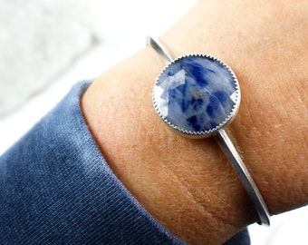 Mesa Top Bracelet - Silver Cuff with Blue Sapphire Doublet