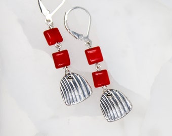 Chiclet Earrings - Sterling Silver and Coral