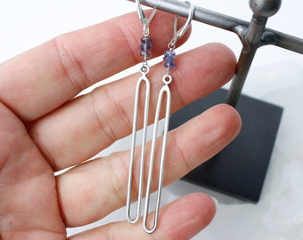 Long Light Loop Earrings - Silver and Iolite Stone