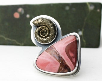 Pink Fossil Ring - Pink Opal Stone and Ammonite and Sterling Silver Ring