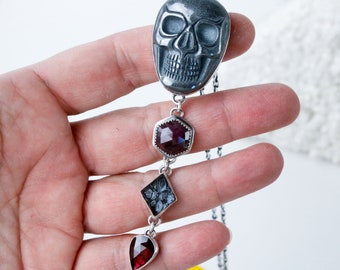 Vertex Necklace - Hematite Skull, Ruby, Garnet and Silver