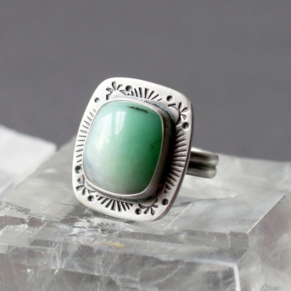 Frame Ring - Chrysoprase Stone and Sterling Silver Stamped Cocktail Ring