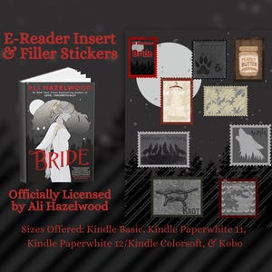May include: E-reader insert and filler stickers featuring a book cover with the title "Bride" and various stamp-like designs. The stamps include a paw print, a jar of peanut butter, and a howling wolf. Officially licensed by Ali Hazelwood.