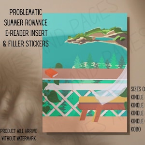 May include: An e-reader insert and filler stickers with the text "Problematic Summer Romance." The artwork features a scenic view with a book, a bench, and a tree. Sizes offered: Kindle Basic, Paperwhite 11, Paperwhite 12, Colorsoft, and Kobo.