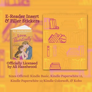 Puede incluir: Anuncio de insertos y pegatinas para lectores electr&oacute;nicos. La imagen presenta una portada de libro con el t&iacute;tulo "Love, Theoretically" y el nombre del autor, Ali Hazelwood. Tambi&eacute;n est&aacute; presente el texto "Con licencia oficial de Ali Hazelwood". Una ilustraci&oacute;n de estanter&iacute;a est&aacute; a la derecha.