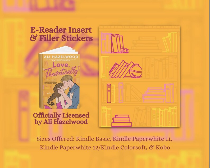 Puede incluir: Anuncio de insertos y pegatinas para lectores electr&oacute;nicos. La imagen presenta una portada de libro con el t&iacute;tulo "Love, Theoretically" y el nombre del autor, Ali Hazelwood. Tambi&eacute;n est&aacute; presente el texto "Con licencia oficial de Ali Hazelwood". Una ilustraci&oacute;n de estanter&iacute;a est&aacute; a la derecha.