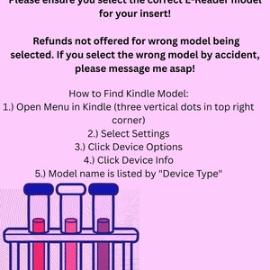 Puede incluir: Un gr&aacute;fico rosa con texto que aconseja seleccionar el modelo de lector electr&oacute;nico correcto para una inserci&oacute;n, con instrucciones sobre c&oacute;mo encontrar el modelo Kindle. La imagen tambi&eacute;n muestra tres tubos de ensayo con l&iacute;quidos de colores.