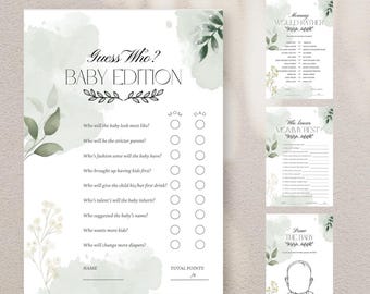 May include: A printable baby shower game bundle with four different games. The games are "Guess Who? Baby Edition", "Mommy Would Rather", "Who Knows Mommy Best?" and "Draw the Baby". The games feature a watercolor background with green leaves and white flowers.