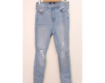 Hollister Light Wash Distressed High-Rise Skinny Jeans Denim 27 "x 27"/# 9062