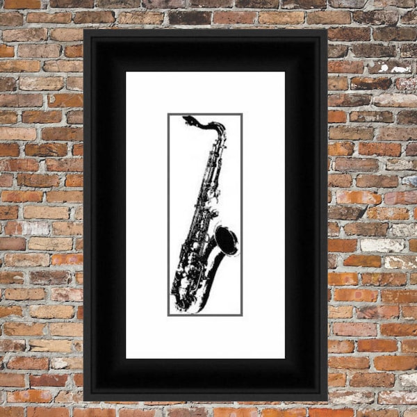 Black and White Saxaphone - a counted cross stitch pattern.