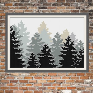May include: A cross-stitch pattern of a forest scene with a misty background. The trees are silhouetted in black against a gradient of light blue, gray, and beige.