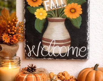Hand-Painted Fall Welcome Slate Sign | Reclaimed Barn Wood Porch Decor