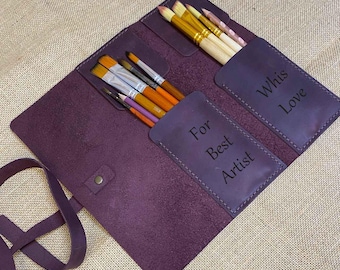 Personalized Leather Brush Roll Case: Artist Painting Brush Holder