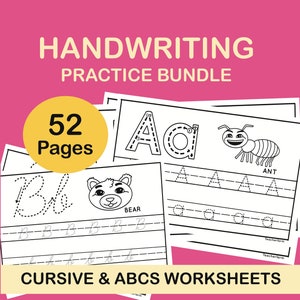 May include: A black and white printable worksheet bundle for handwriting practice. The bundle includes 52 pages of cursive and alphabet tracing worksheets. The image shows a sample page with a cursive letter 'B' and a bear illustration, and another page with the letter 'A' and an ant illustration.