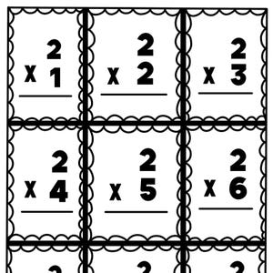 Può includere: Una tabella di moltiplicazione in bianco e nero con il numero 2 moltiplicato per i numeri da 1 a 6. Ogni equazione è all'interno di un bordo smerlato. Le risposte non sono compilate.