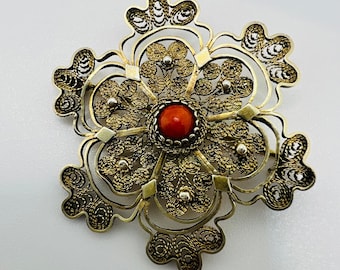 Antique Biedermeier brooch filigree floral with coral Antique Biedermeier brooch filigree floral with coral