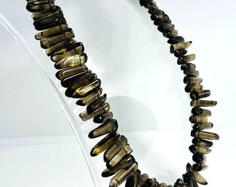 Peut inclure: Un collier composé de perles marron foncé de forme irrégulière. Les perles sont enfilées sur une chaîne argentée et exposées sur un présentoir à bijoux transparent et incliné. Le collier a une esthétique naturelle et terreuse.