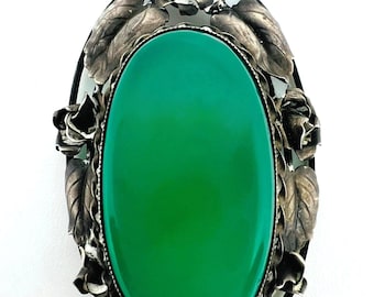 Antique Art Nouveau Chrysoprase Pendant Floral Silver Jugendstil Necklace c1900