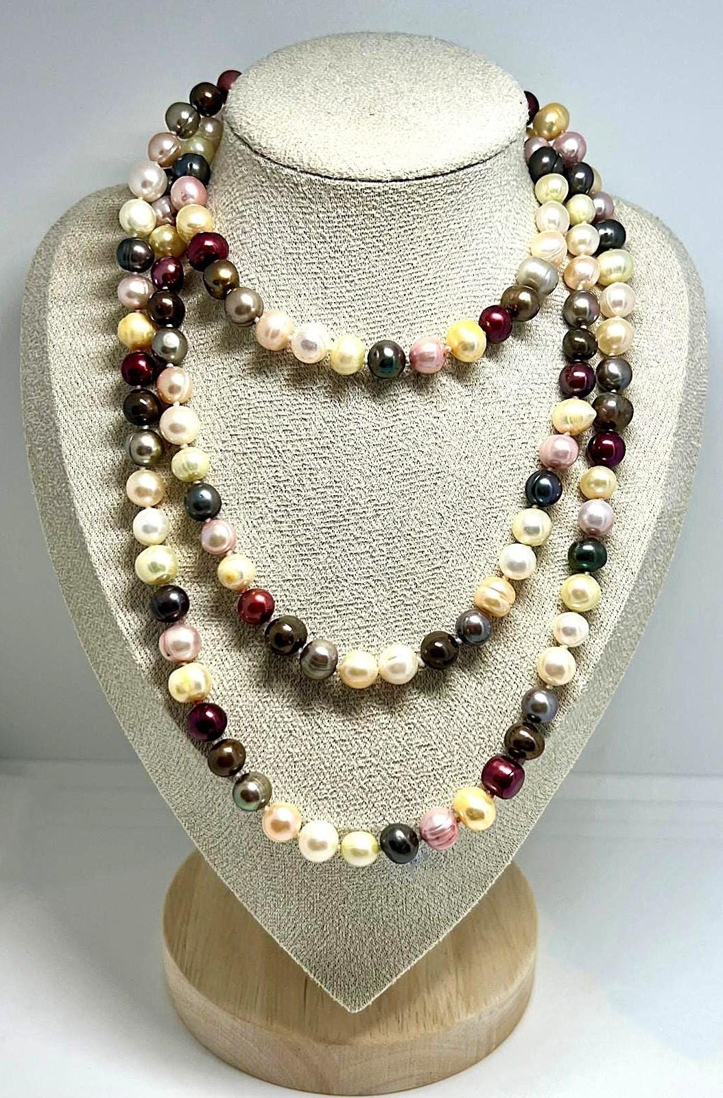 Vintage endless necklace made of genuine freshwater pearls - multicolor, hand-knotted Freshwater pearls