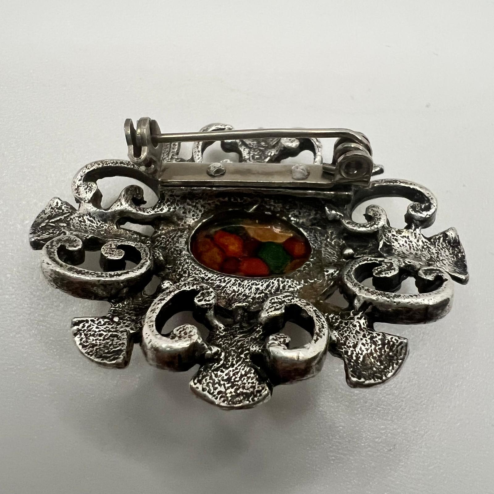 Broche vintage écossaise en argent sterling et verre, malachite et jaspe - France