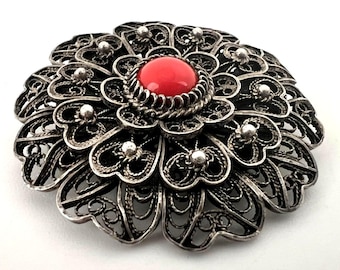 Antique Biedermeier brooch made of silver with filigree flower coral. Handmade unique piece