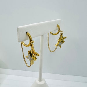 Minimalist Elegant Stainless Steel Gold Hoop Earrings with Star Chain and Zirconia