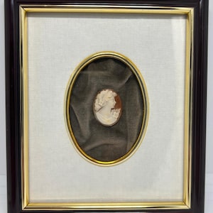 Puede incluir: Retrato de camafeo enmarcado de una mujer de perfil, engastado en un marco ovalado dorado sobre un fondo verde oscuro. El camafeo es de color claro sobre un fondo marrón rojizo, enmarcado por un marco de madera marrón oscuro.