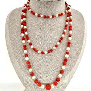 Long coral bead necklace – 105 cm, single knotted, Vintage Long coral bead necklace