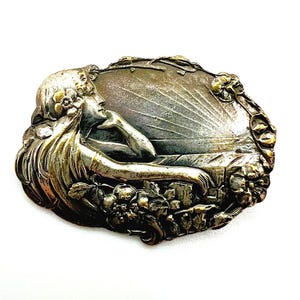 Antique Art Nouveau brooch with woman motif & flowers Silver Antique Brooch Floral