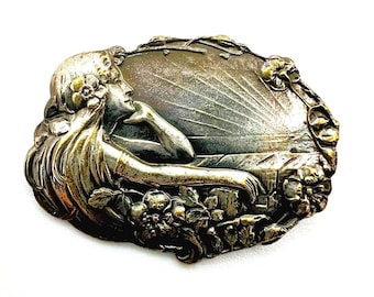 Antique Art Nouveau brooch with woman motif & flowers Silver Antique Brooch Floral