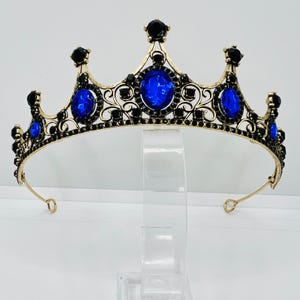 Baroque style tiara crown in gold with blue and black rhinestones