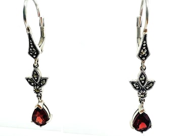 Minimalist 925 silver earrings with marcasites & garnets – vintage Art Deco style