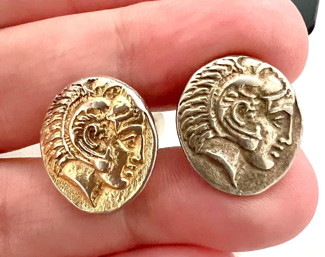Boutons De Manchette Vintage Tête Guerrier Romain/grec - Paire Argentée Ovale, Occasion Très Bon état