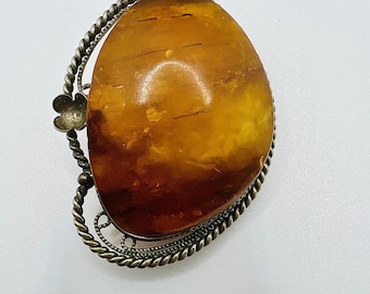 Antique Biedermeier amber silver brooch
