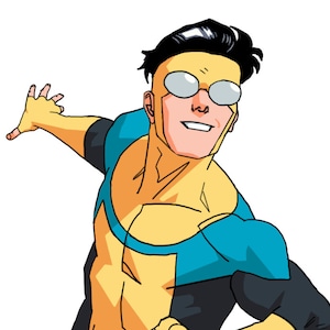 May include: Illustration of a superhero in a yellow and blue costume with black accents. The character is wearing round glasses and has black hair. The superhero is in a dynamic pose, with one arm outstretched and the other clenched in a fist.
