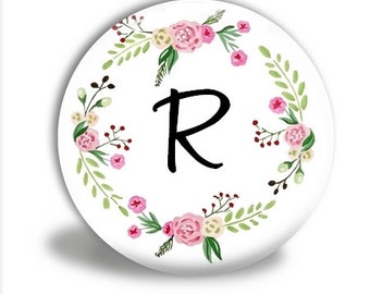 Monogram Pocket mirror, Floral Wreath monogram, mirror favor, bridesmaid gift