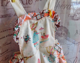 Hollie Hobby Girls Ruffle Romper and Bonnet Size 6-9 Months 70s Inspired