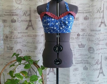 Rockabilly 60s Pin Up Nautical Blue Anchors Bra Top Crop Top Sz S 36 Bust