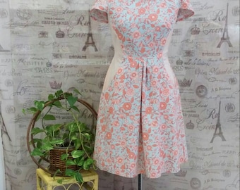 50s VLV Retro Day Dress Rockabilly Dress Floral Peach and Blue SZ XL