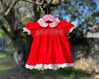 Vintage Polly Flinders Smocked Valentines Christmas Dress Sz 0-6mo