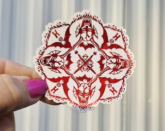 Demon D and D Hell Hawkins Upside Down Fire Mandala Foil Holographic Sticker