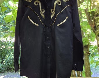 Vintage Ely Country Charmers Black Gold Western Cowboy Rodeo Shirt M MINT