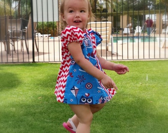 4th of July Blue Patriotic Owls Red Chevron Toddler Dress Sz 1